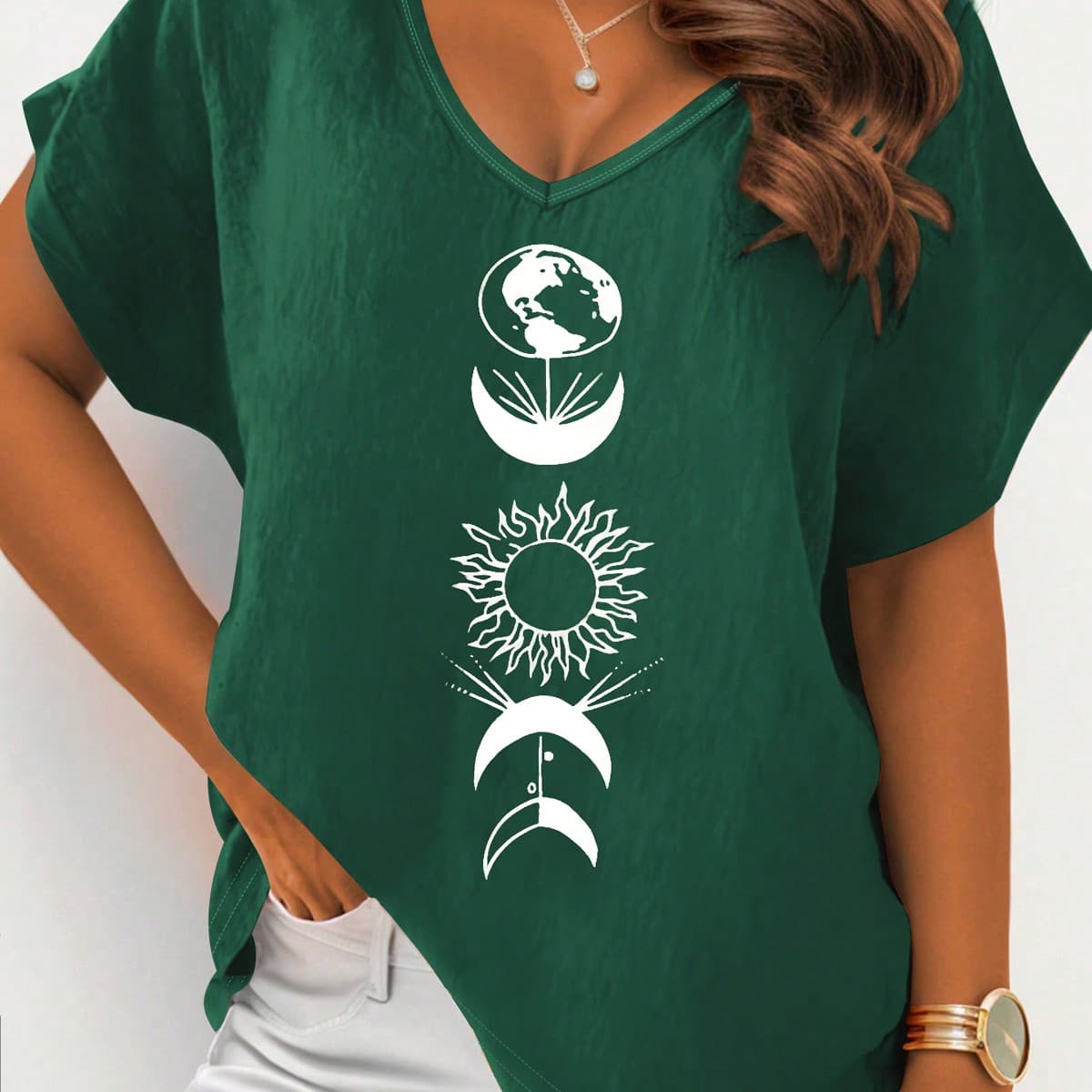 T-shirt dÃ©contractÃ© imprimÃ© avec motif grand format et col en V