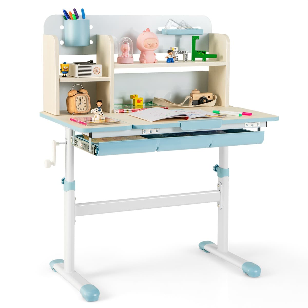CostwayBureau d'Etude pour Enfants Table d'Ecriture Réglable en Hauteur Plateau Inclinable Bureau Enfants pour 3-12 Ans Bleu