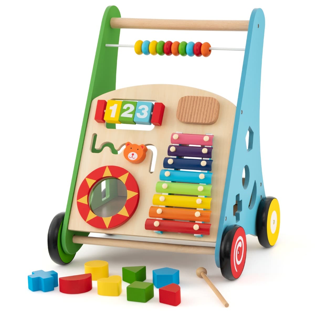 Costway7 en 1 Chariot de Marche en Bois avec Boîte de Rangement Marcheur D'Apprentissage Bébé avec 8 Blocs et 1 Maillet pour Bébé de 1 An+