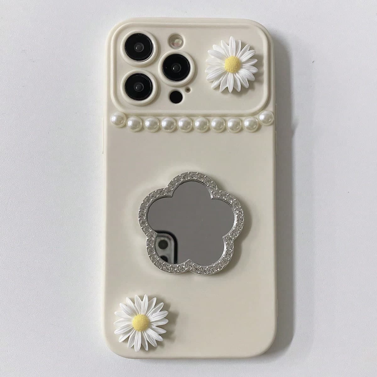 1 pièce Miroir de conception de fleur encadrée couleur argent + cadre de caméra beige grand format DIY