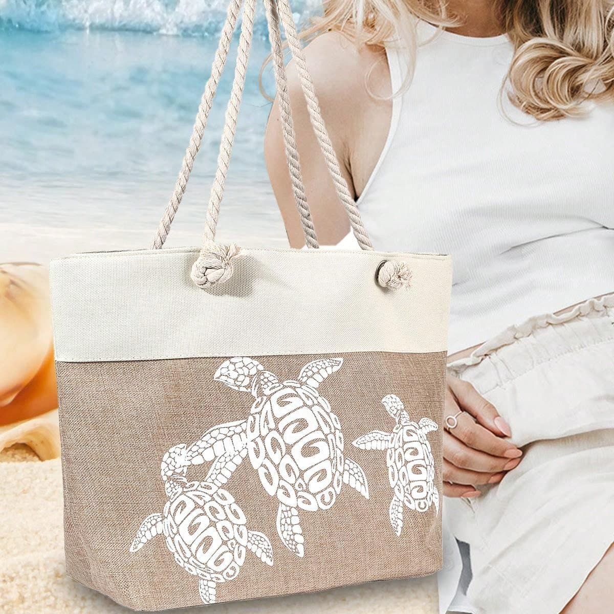 1 sac de plage à bandoulière grand format, multifonction avec canevas de lin grossière imprimée et canevas, sac fourre-tout, adapté aux femmes